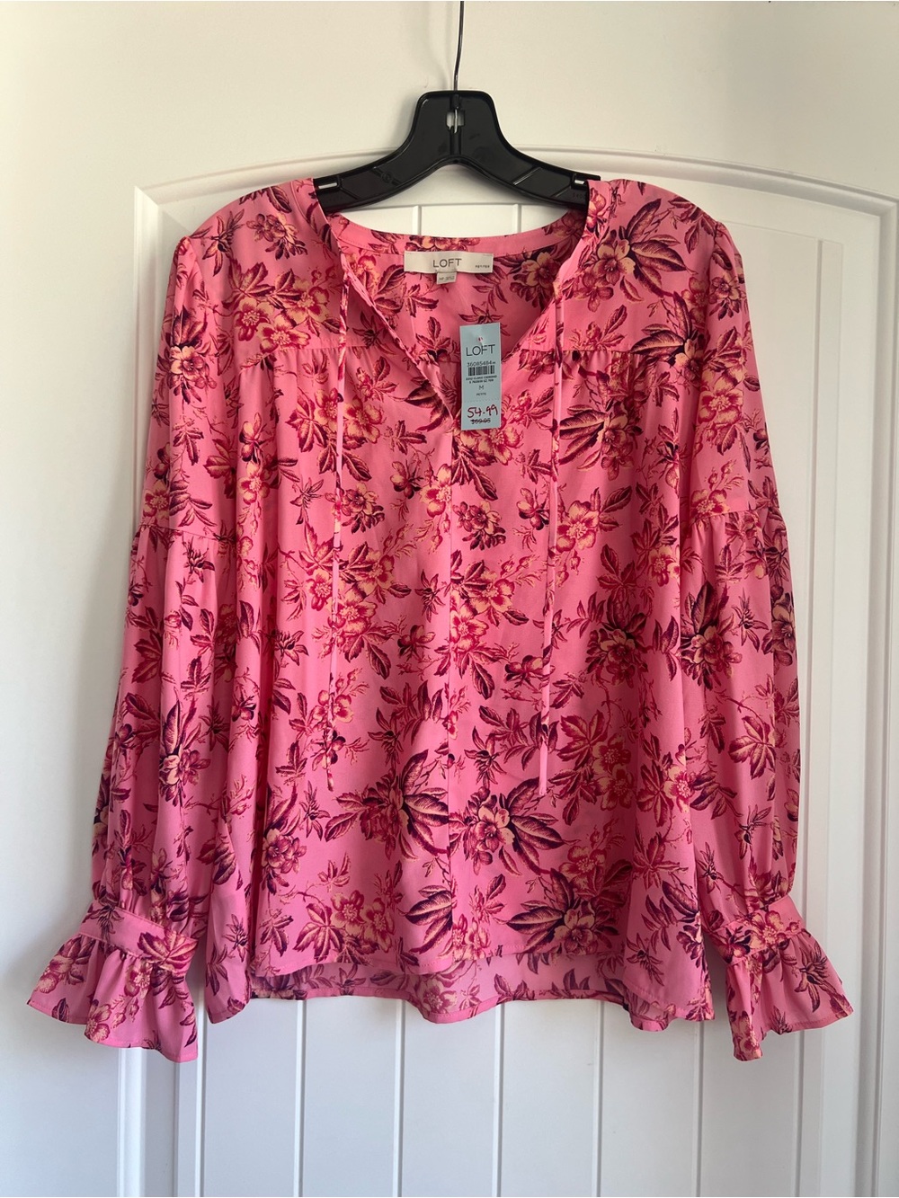 LOFT Pink Floral Peasant Blouse with Ruffle Cuffs